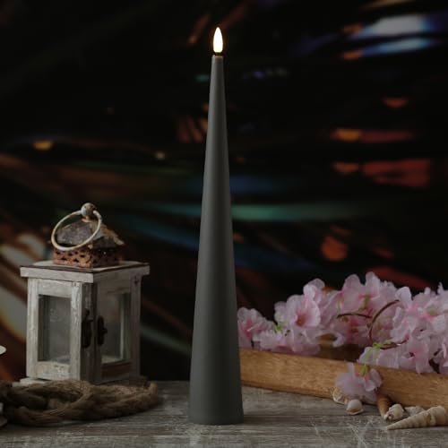 MARELIDA LED Kegelkerze Kunststoffkerze outdoor Spitzkerze in Kegelform für Außen Garten Terrasse Balkon realistische 3D Flamme mit Timer (grau, 35cm) von MARELIDA