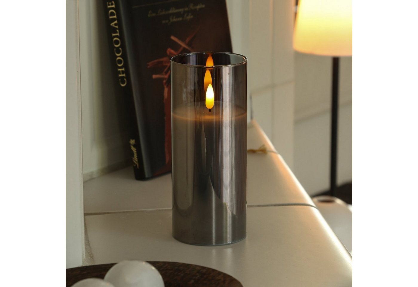 MARELIDA LED-Kerze im Glas LED Windlicht Echtwachs flackernd Timer H: 17,5cm grau von MARELIDA