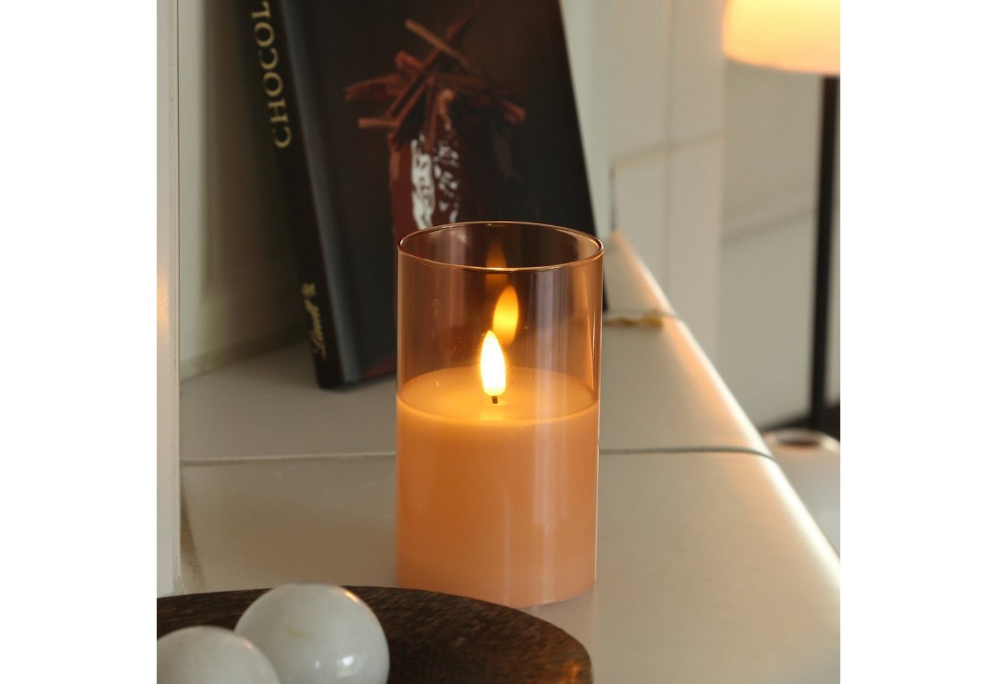 MARELIDA LED-Kerze LED Kerze Windlicht im Glas Echtwachs flackernd Timer H: 12,5cm rund orange von MARELIDA