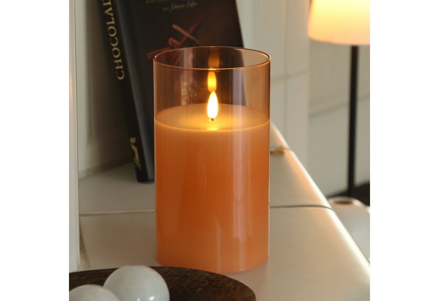 MARELIDA LED-Kerze Windlicht im Glas Echtwachs flackernd Timer H: 17,5cm rund orange von MARELIDA