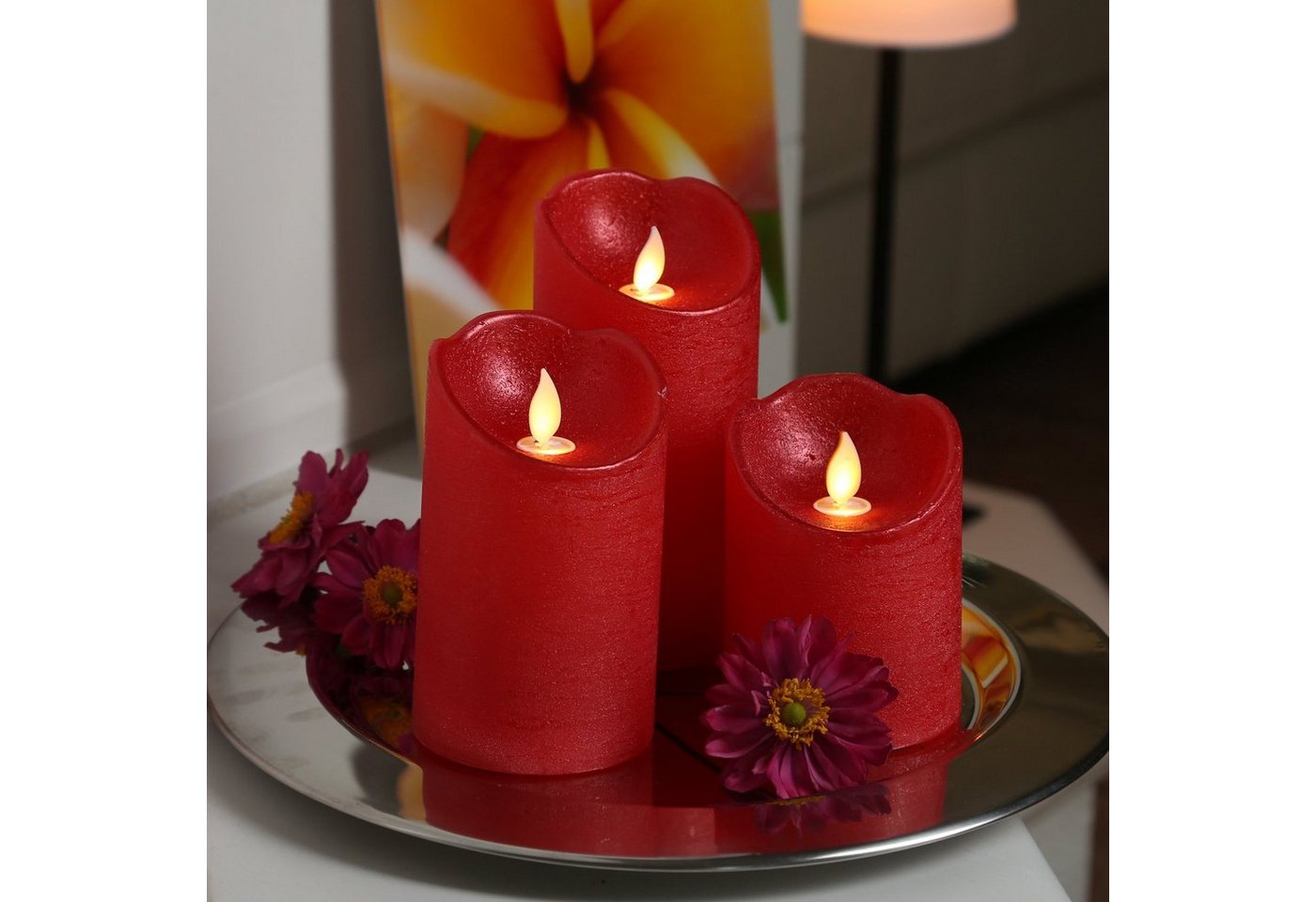 MARELIDA LED-Kerze LED Kerzenset Echtwachs bewegliche Flamme Fernbedienung Deko Innen rot 3er Set von MARELIDA