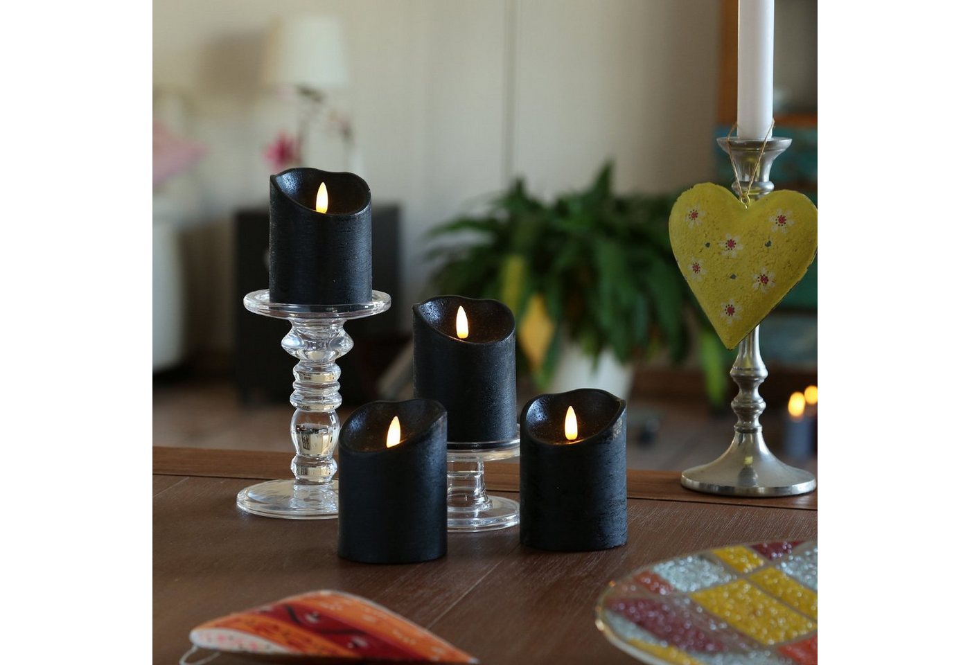MARELIDA LED-Kerze LED Kerzenset Rustik Optik Echtwachskerzen H: 10cm Timer schwarz 4St. (4-tlg) von MARELIDA