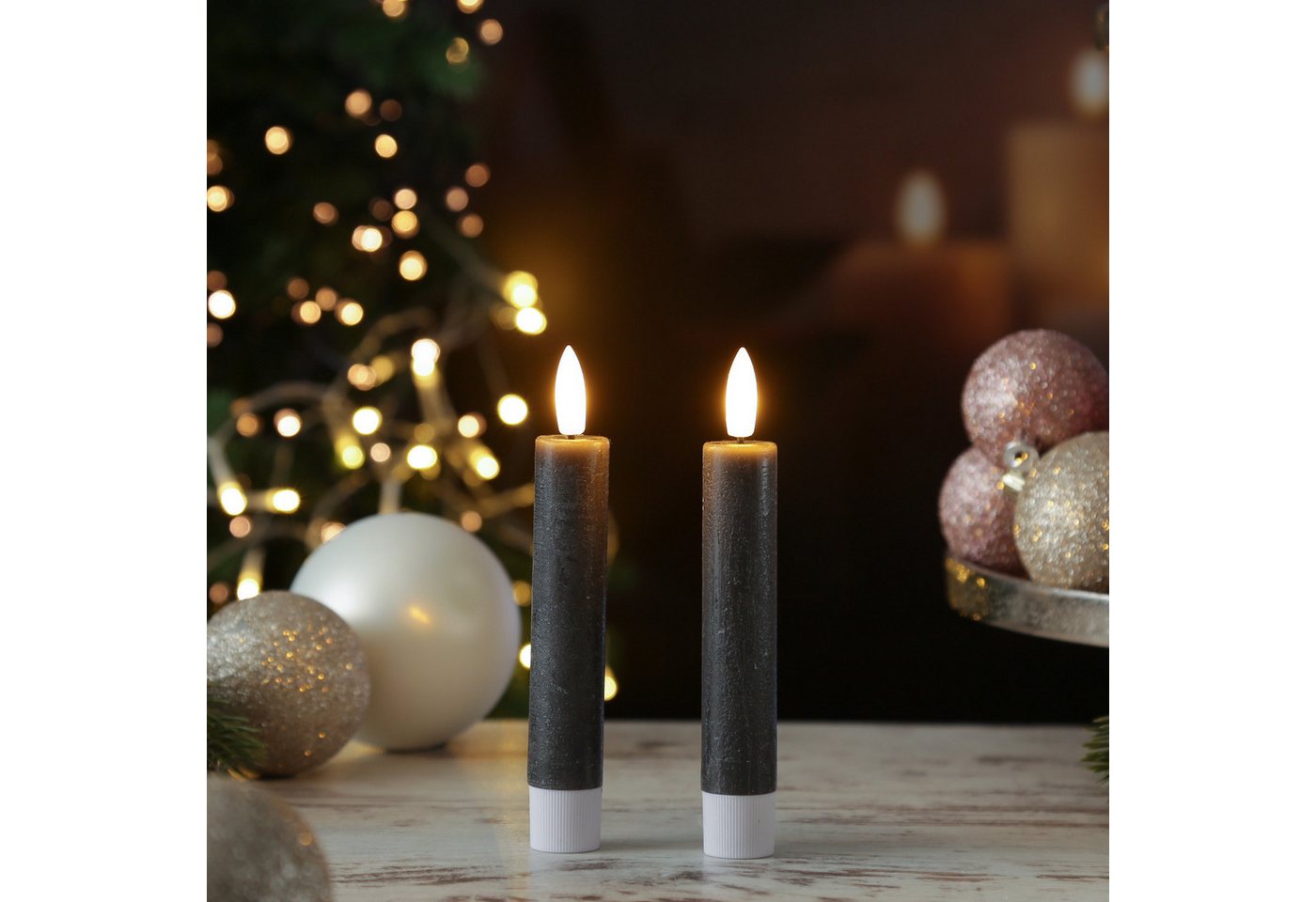 MARELIDA LED-Kerze LED Stabkerzen Tafelkerzen Dinner Spitzkerzen rustikal 14cm grau 2St (2-tlg) von MARELIDA