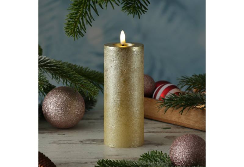 MARELIDA LED-Kerze LINA Rustik Optik Echtwachskerze flackernd Timer H: 19cm D: 7cm gold von MARELIDA