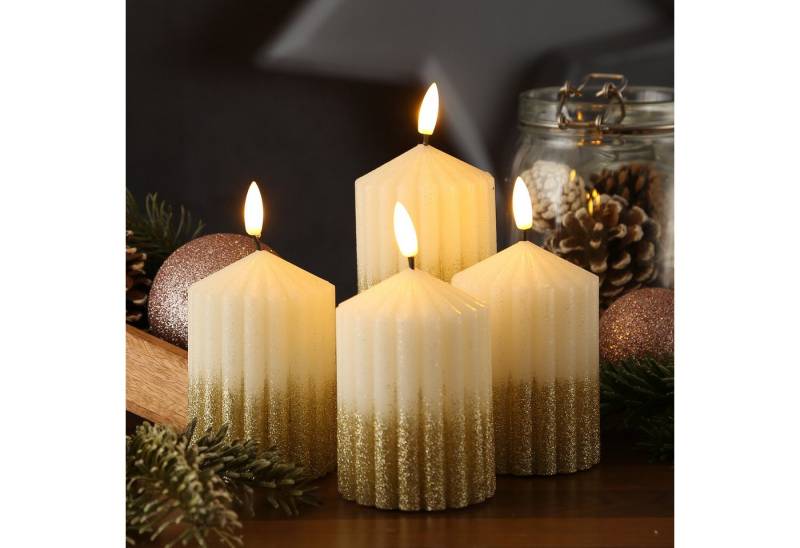 MARELIDA LED-Kerze Liv Echtwachs gerillt mit Rillen 7x10cm weiß gold Weihnachten 4Stück (4-tlg) von MARELIDA