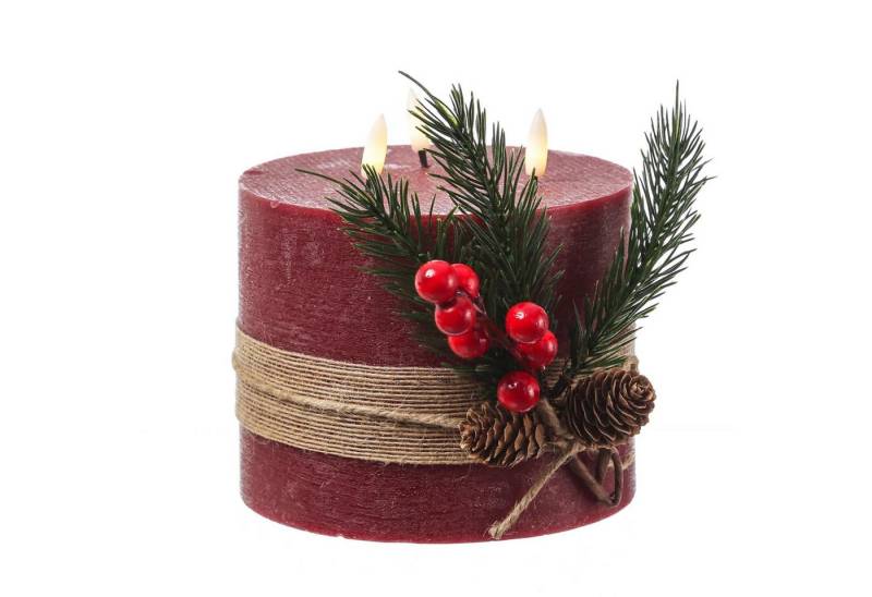 MARELIDA LED-Kerze XXL LED 3 Docht Kerze Echtwachs groß Timer D: 15cm H: 15cm rot von MARELIDA