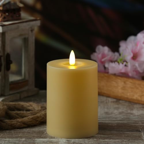 MARELIDA LED Kerze für Innen/Außen Kunststoffkerze Stumpenkerze für Balkon Terrasse Outdoorkerze mit flackernder Flamme und Timer Tischkerze Dekokerze creme (D: 7,5cm - H: 10cm) von MARELIDA