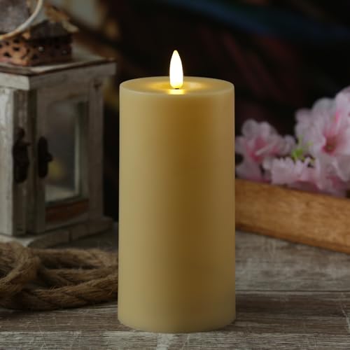 MARELIDA LED Kerze für Innen/Außen Kunststoffkerze Stumpenkerze für Balkon Terrasse Outdoorkerze mit flackernder Flamme und Timer Tischkerze Dekokerze creme (D: 7,5cm - H: 15cm) von MARELIDA