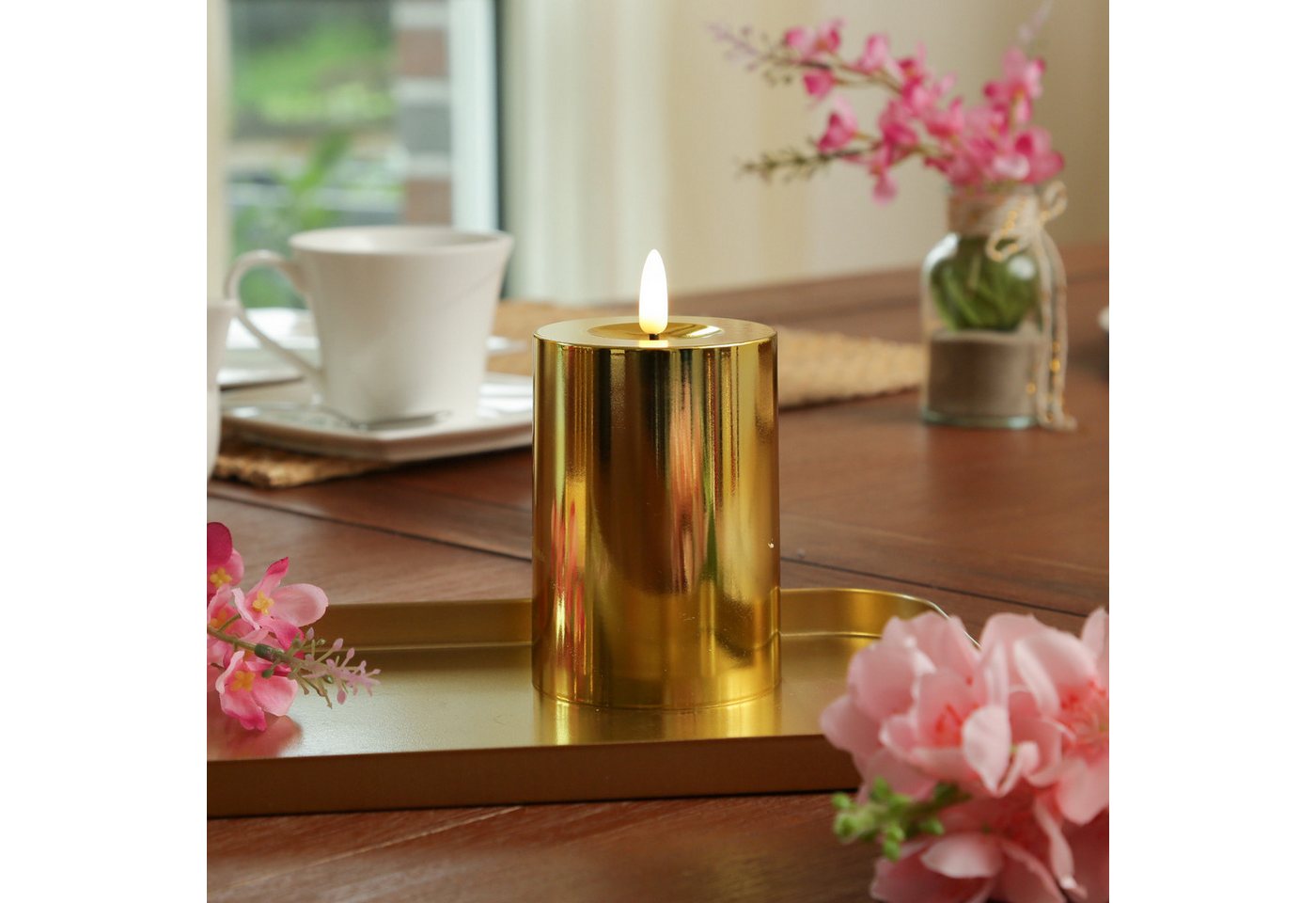 MARELIDA LED-Kerze gold glänzend festliche Kunststoff Stumpenkerze Timer H: 12,5cm (1-tlg) von MARELIDA