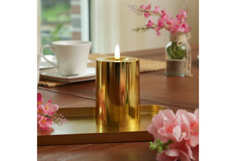 MARELIDA LED-Kerze gold glänzend festliche Kunststoff Stumpenkerze Timer H: 12,5cm (1-tlg) von MARELIDA