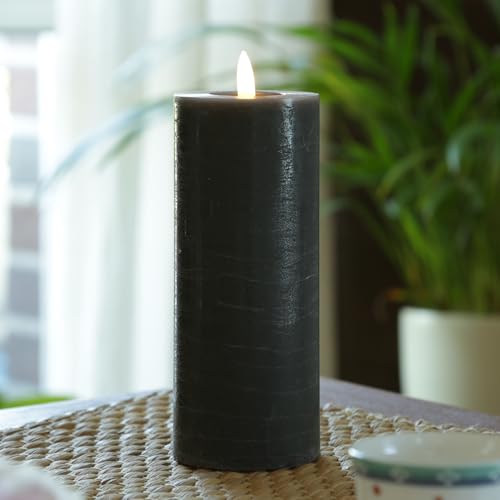 MARELIDA LED Kerze in Rustik Optik Echtwachskerze Stumpenkerze mit leicht flackernder Flamme und Timer Wachskerze für Innen in grau (D: 7cm - H: 19cm) von MARELIDA