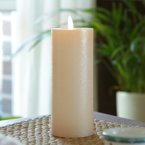 LED Kerze in Rustik Optik Echtwachskerze Stumpenkerze mit leicht flackernder Flamme und Timer Wachskerze für Innen in rosa (D: 7cm - H: 19cm) von MARELIDA