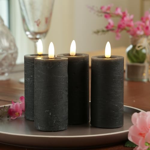 MARELIDA LED Kerze in Rustik Optik Echtwachskerzen Stumpenkerzen mit leicht flackernder Flamme und Timer Wachskerze für Innen kerzenset Adventskranzkerzen in grau (D: 5cm - 4er Set Kerzen) von MARELIDA