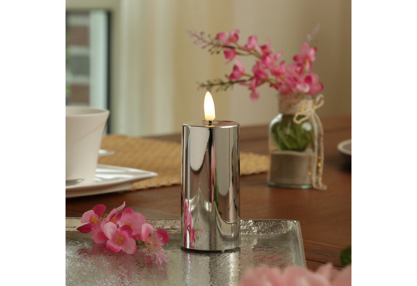 MARELIDA LED-Kerze silber glänzend festliche Kunststoff Stumpenkerze Timer H: 12,5cm (1-tlg) von MARELIDA