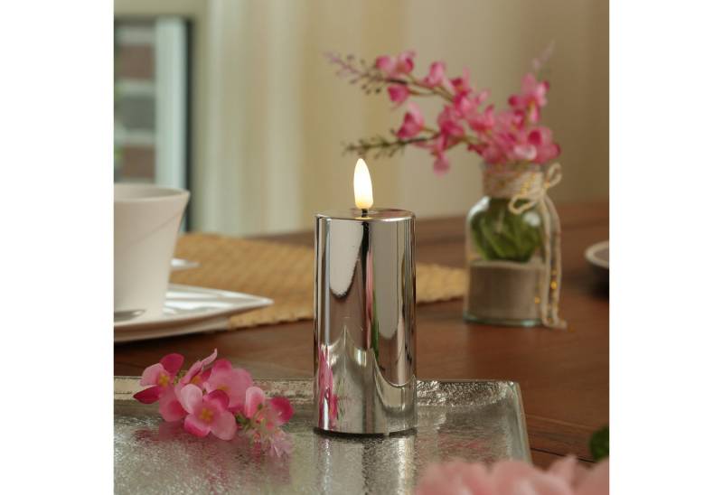 MARELIDA LED-Kerze silber glänzend festliche Kunststoff Stumpenkerze Timer H: 12,5cm (1-tlg) von MARELIDA