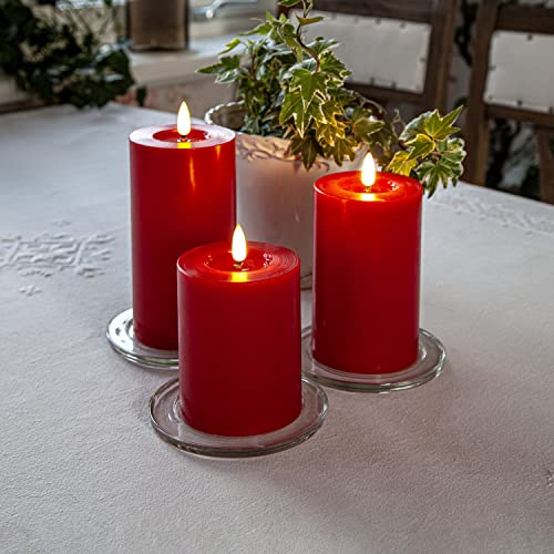 MARELIDA LED Kerzenset LINA - Echtwachs - realistische 3D Flamme - 3 Größen - Timer - rot - 3er Set von MARELIDA