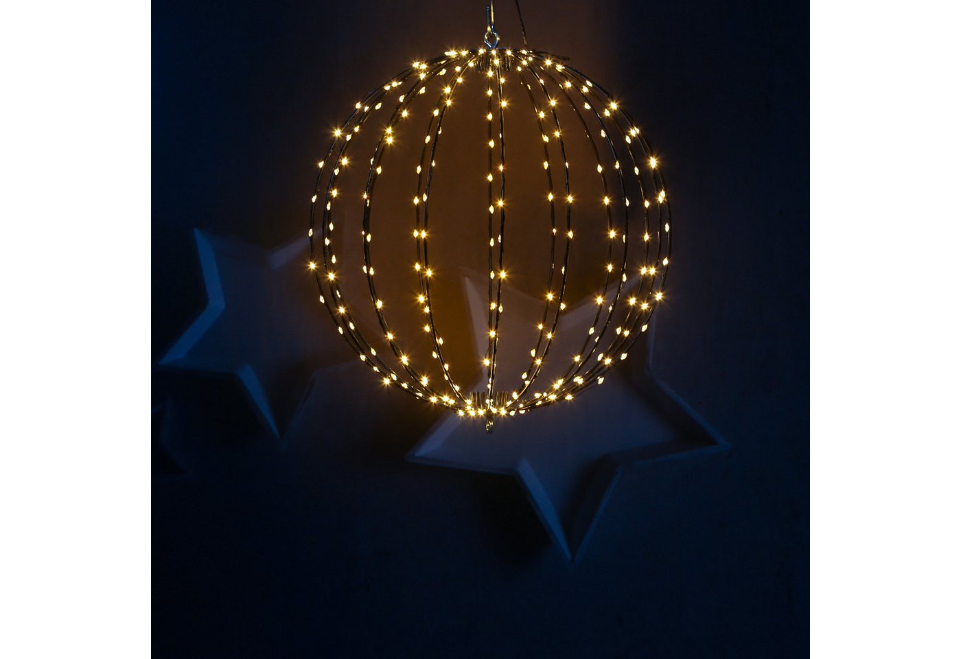 MARELIDA LED Kugelleuchte Drahtkugel Leuchtkugel faltbar D: 38cm 240LED 8Modi Timer Innen Außen, LED Classic, ultra-warmweiß / bernstein (1800K bis 2100K) von MARELIDA