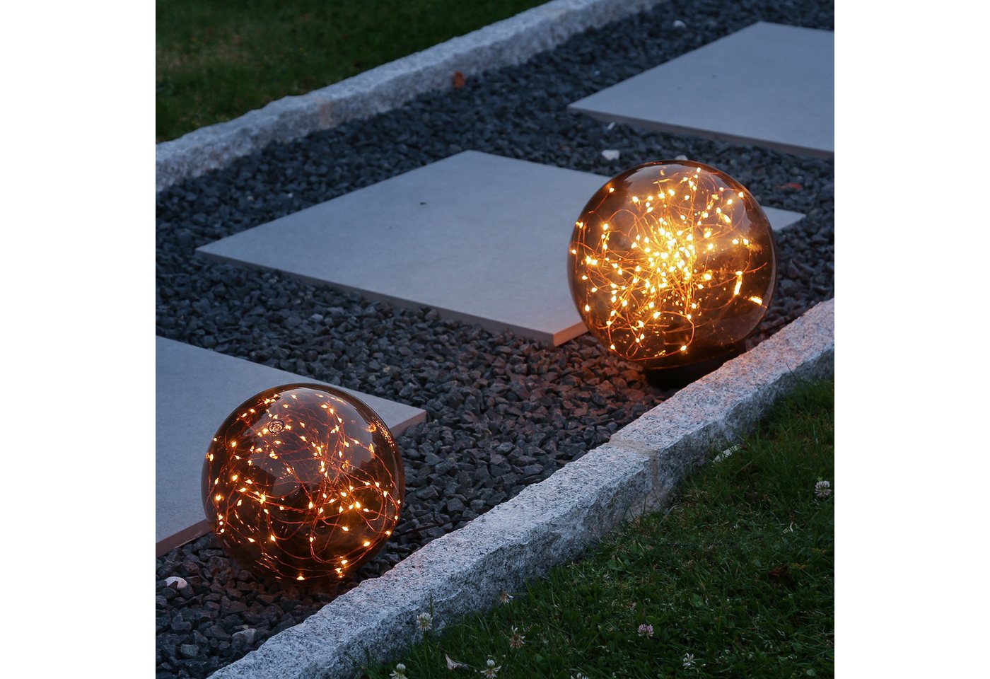 MARELIDA LED Kugelleuchte LED Kugel mit Drahtlichterkette Gartenleuchte stehend grau 20cm Außen, LED Classic, ultra-warmweiß / bernstein (1800K bis 2100K) von MARELIDA