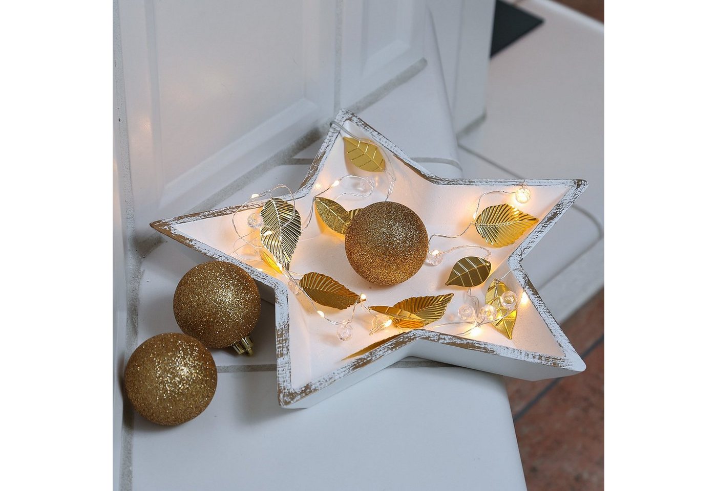 MARELIDA LED-Lichterkette Draht mit goldenen Blättern und Perlen 20 warmweiße LED Batterie, 20-flammig von MARELIDA