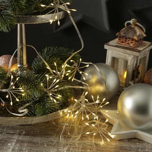MARELIDA LED Lichterkette Pusteblume - Feuerwerk Blume - 90 Tautropfen LED - 9 Blüten - L:2m - Timer - Silber von MARELIDA