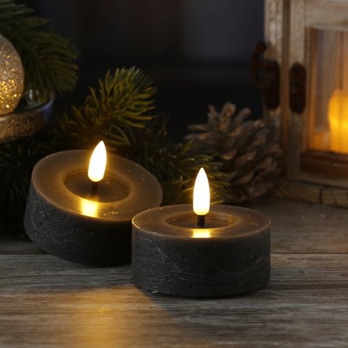MARELIDA LED Maxi Teelichter in Rustik Optik Echtwachsteelichter mit leicht flackernder Flamme und Timer Teelichter-Set für Innen in grau (2 Teelichter groß) von MARELIDA