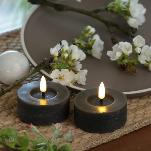 MARELIDA LED Maxi Teelichter in Rustik Optik Echtwachsteelichter mit leicht flackernder Flamme und Timer Teelichter-Set für Innen in grau (2 Teelichter groß) von MARELIDA