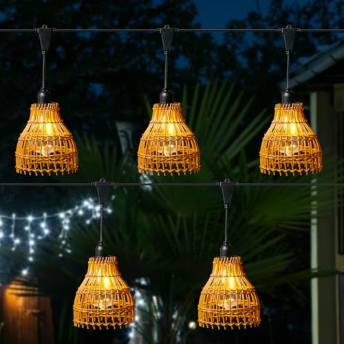 MARELIDA LED Outdoor Lichterkette BOHO Stil Party Deko Lichterkette mit 5 beleuchtenen Lampenschirmen in Korboptik für Außen Garten Balkon Terrase koppelbar von MARELIDA
