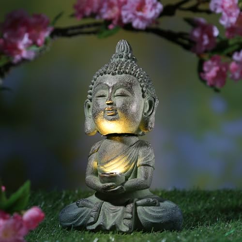 MARELIDA LED Solar Buddha mit Wackelkopf Gartenfigur Dämmerungssensor (hellgrau) von MARELIDA