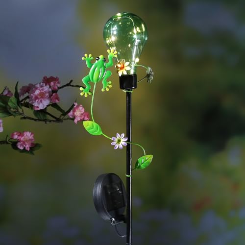 MARELIDA LED Solar Gartenstecker mit Glühbirne und Frosch Beetstecker mit Erdspieß für Garten Balkon Solarspieß Solarleuchte Gartendekoration Solarlampe H: 84cm von MARELIDA