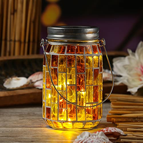 LED Solar Glas Mosaik Einmachglas mit Mosaiksteinchen und mit Henkel Mosaikglas H: 13,5cm Windlicht mit Lichtsensor Solarlicht Solarlaterne (gelb) von MARELIDA