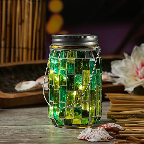 LED Solar Glas Mosaik Einmachglas mit Mosaiksteinchen und mit Henkel Mosaikglas H: 13,5cm Windlicht mit Lichtsensor Solarlicht Solarlaterne (grün) von MARELIDA