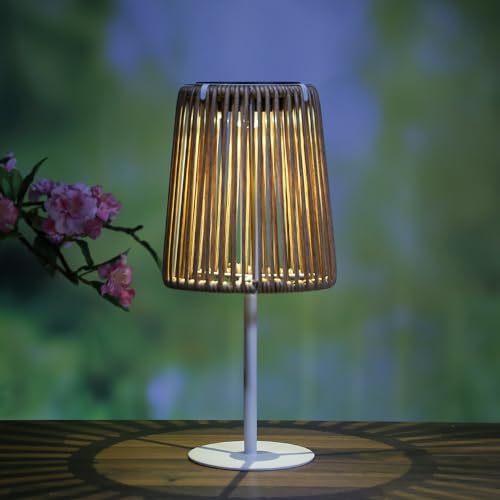 MARELIDA LED Solar Tischleuchte aus Kunststoffseil in Rattanoptik Korboptik warmweiß H: 19cm Tischlampe für Außen Balkon und Terrasse mit Lichtsensor Solarleuchte (Braun) von MARELIDA