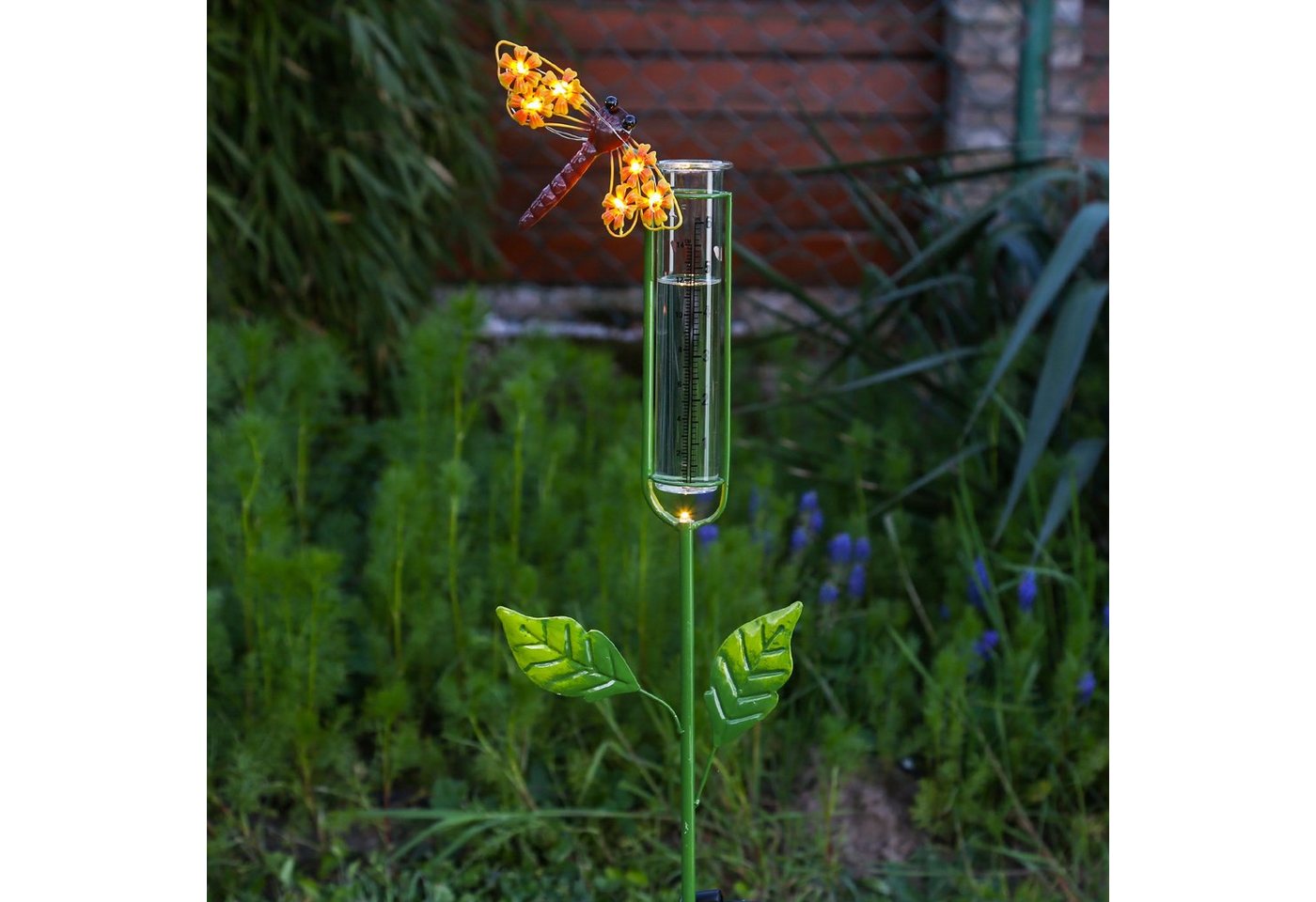 MARELIDA LED Solarleuchte LED Solar Regenmesser Libelle Gartenstecker Gartendeko 98cm, LED Classic, warmweiß (2100K bis 3000K) von MARELIDA