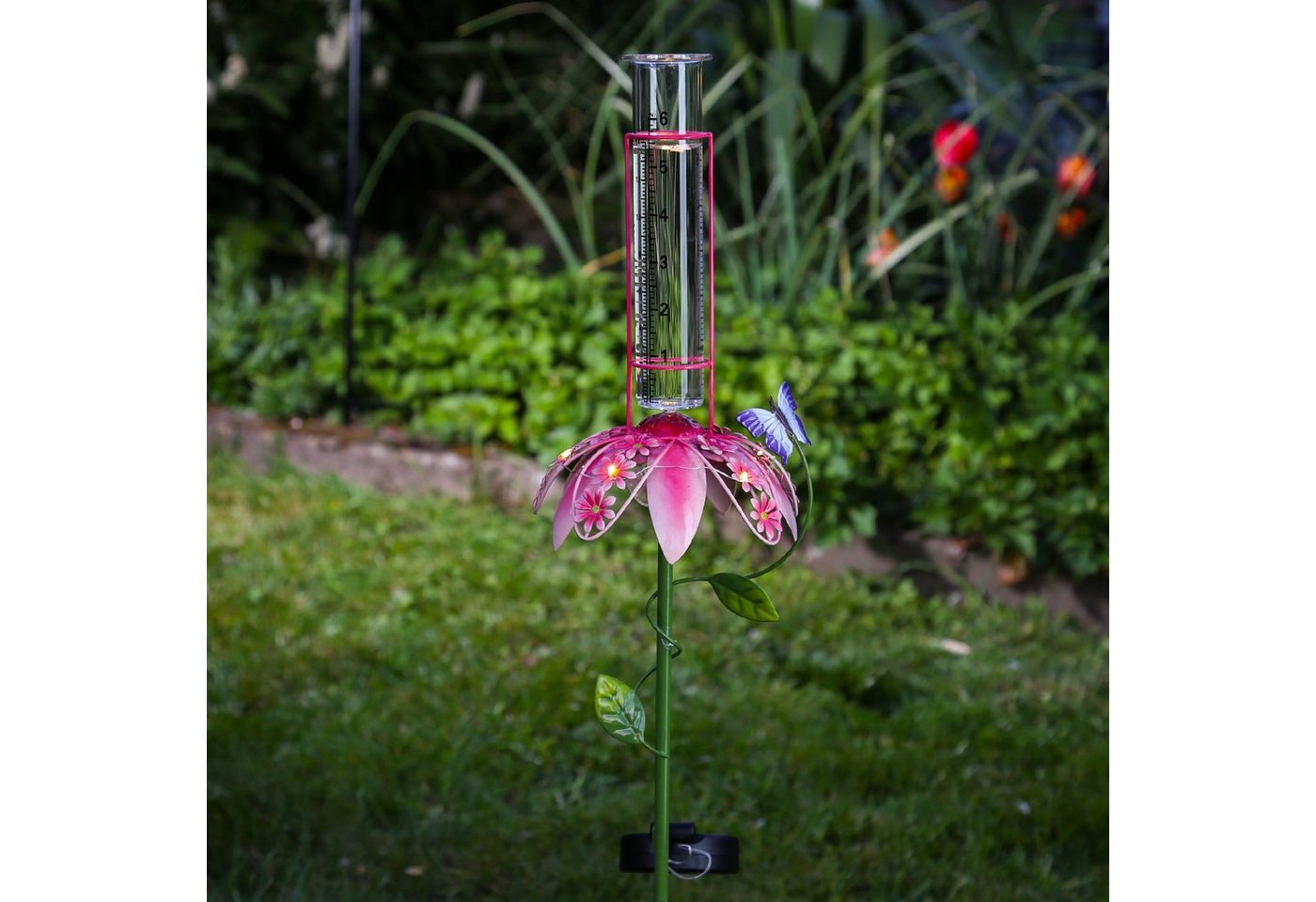 MARELIDA LED Solarleuchte LED Solar Regenmesser Schmetterling rosa Blume Gartenstecker 84cm, LED Classic, warmweiß (2100K bis 3000K) von MARELIDA