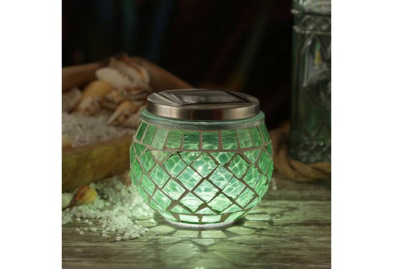 MARELIDA LED Solarleuchte Solar Windlicht Mosaik Glas Solarglas Mosaikleuchte für Balkon grün, LED Classic, kaltweiss (5300K bis 6000K) von MARELIDA