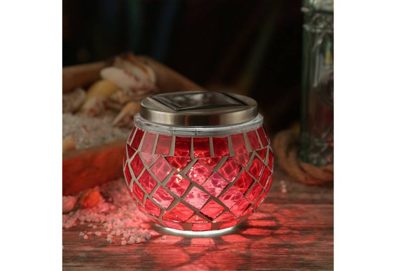 MARELIDA LED Solarleuchte Solar Windlicht Mosaik Glas Solarglas Mosaikleuchte für Balkon rot, LED Classic, kaltweiss (5300K bis 6000K) von MARELIDA