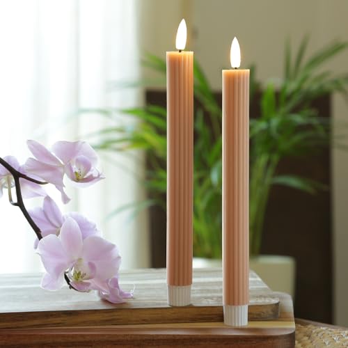 MARELIDA LED Stabkerzen LIV gerillt Echtwachs Dinnerkerzen Tafelkerzen Spitzkerzen flackernd H: 25cm Timer 2er Set (altrosa) von MARELIDA