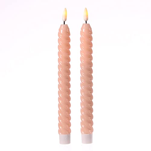 LED Stabkerzen TWIST Dinnerkerzen Tafelkerzen Echtwachs in gedrehter Form flackernde 3D Flamme H: 25cm Timer - 2er Set Tischkerzen in Spiralform (Hellrosa) von MARELIDA