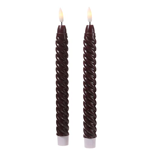 LED Stabkerzen TWIST Echtwachsskerzen Dinnerkerzen Tafelkerzen in Spiralform flackernde 3D Flamme - H: 25cm - Timer - 2er Set Tischkerzen in Spiralform (Weinrot) von MARELIDA