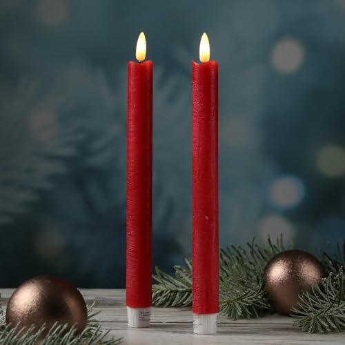 MARELIDA LED Stabkerzen Tafelkerzen Echtwachs Rustik Optik H: 25cm 2St (Rot) von MARELIDA