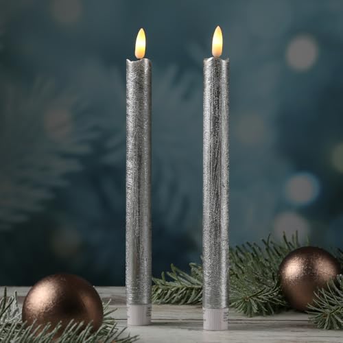 MARELIDA LED Stabkerzen Tafelkerzen Spitzkerzen Echtwachs Rustik Optik H: 25cm 2St (Silber) von MARELIDA