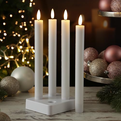 MARELIDA LED Stabkerzen Tafelkerzen mit Ladestation Fernbedienung Timer Echtwachs Dinnerkerzen Tafelkerzen wiederaufladbar 4er Set (weiß) von MARELIDA