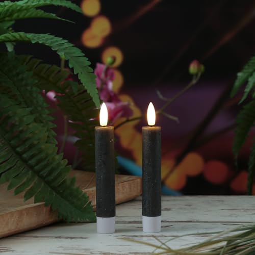 MARELIDA LED Stabkerzen in Rustik Optik Echtwachskerzen Dinnerkerzen Tafelkerzen Spitzkerzen mit leicht flackernder Flamme und Timer Wachskerze für Innen in grau (2 Stabkerzen H: 14cm) von MARELIDA