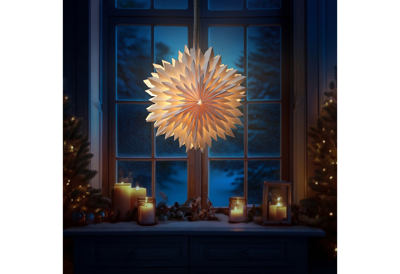 MARELIDA LED Stern LED Papierstern EISBLUME Weihnachtsstern Faltstern beleuchtet 38cm, LED Classic, warmweiß (2100K bis 3000K) von MARELIDA