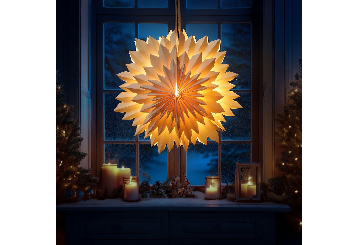 MARELIDA LED Stern LED Papierstern EISBLUME Weihnachtsstern Faltstern beleuchtet 58cm, LED Classic, warmweiß (2100K bis 3000K) von MARELIDA