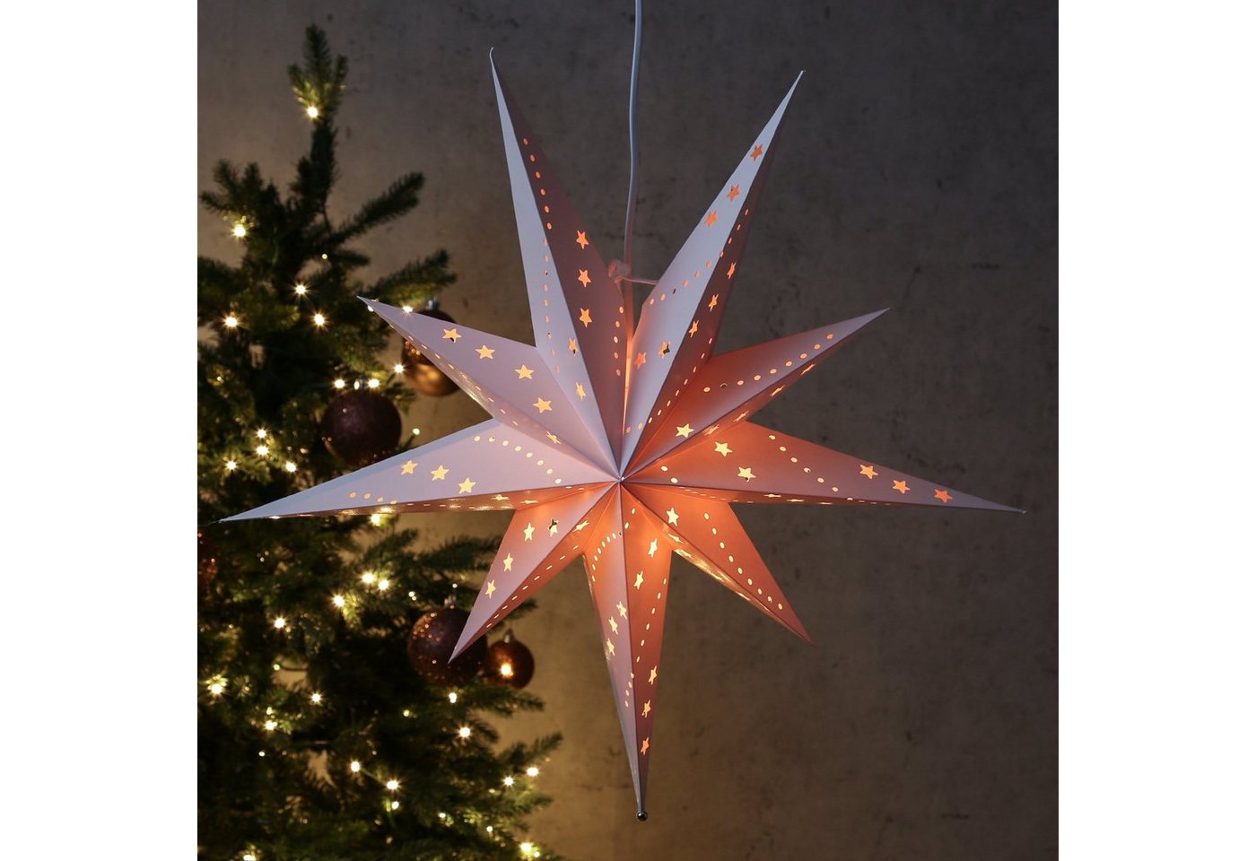 MARELIDA LED Stern Papierstern Emma Weihnachtsstern Faltstern Leuchtstern D: 58cm inkl. Kabel weiß von MARELIDA