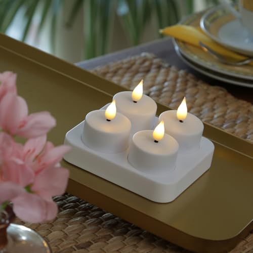 MARELIDA LED Teelichter wiederaufladbare LED Teelichter mit Ladestation D: 4cm flackernd weiß Mini Kerzen (4er Set) von MARELIDA