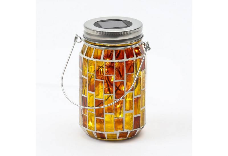 MARELIDA LED Solarleuchte LED Solar Glas Einmachglas mit Mosaik Tischleuchte Lichtsensor gelb, LED Classic, warmweiß (2100K bis 3000K) von MARELIDA
