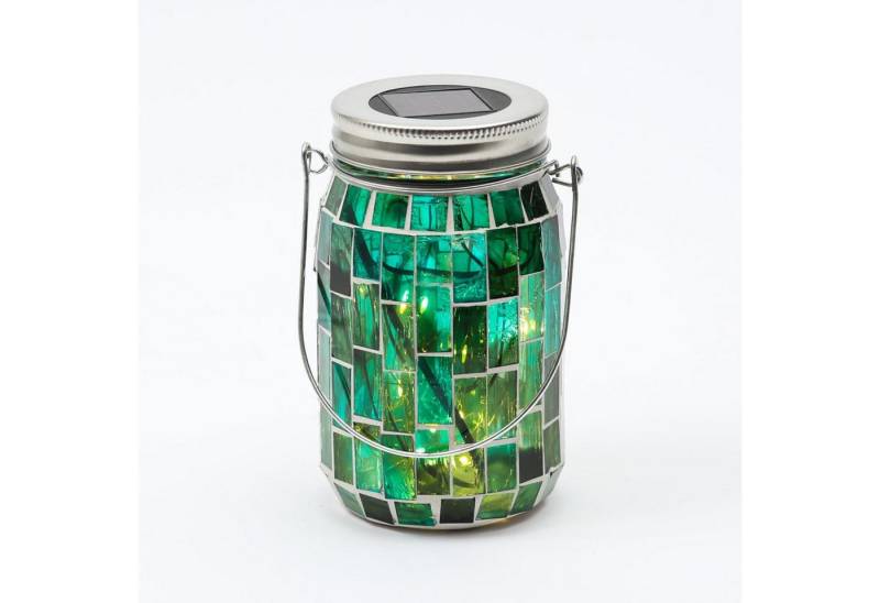 MARELIDA LED Solarleuchte LED Solar Glas Einmachglas mit Mosaik Tischleuchte Lichtsensor grün, LED Classic, warmweiß (2100K bis 3000K) von MARELIDA