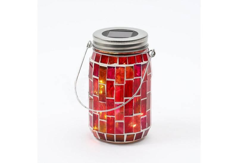 MARELIDA LED Solarleuchte LED Solar Glas Einmachglas mit Mosaik Tischleuchte Lichtsensor rot, LED Classic, warmweiß (2100K bis 3000K) von MARELIDA